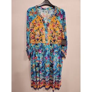John Mark NWT Embroidered Floral Dress Size M Blue Gathered Sleeves Boho Peasant